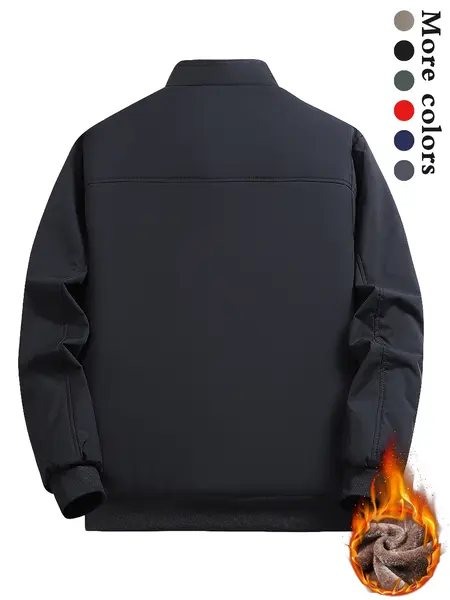 Men's Solid Color Plain Zip Up Thick Thermal Lined Fleece Jacket, Coats, Regular Fit Casual Long Sleeve Zip Front Short Outerwear for Fall & Winter, Men's Clothes for Daily Wear, Cold Weather Gear