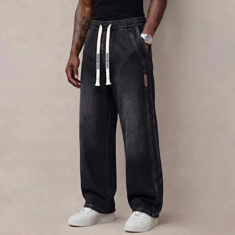 Men's Stretch Cotton Drawstring Jeans, Loose Fit Ankle