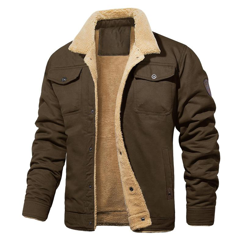 Men's Sherpa Lined Winter Trucker Jacket Cotton Fleece Casual Khaki