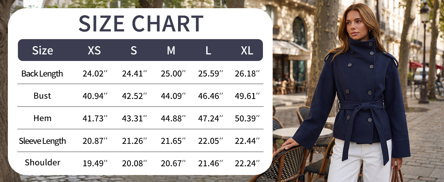 Size chart for womens cropped peacoat showing measurements for each size option
