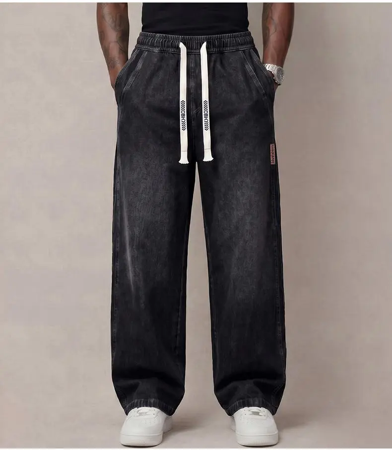 Men&rsquo;s autumn denim jeans &ndash; comfortable cotton fabric with slight stretch, trendy thick design, loose fit for everyday wear; long denim pants with drawstring elastic waistband, men&rsquo;s style.