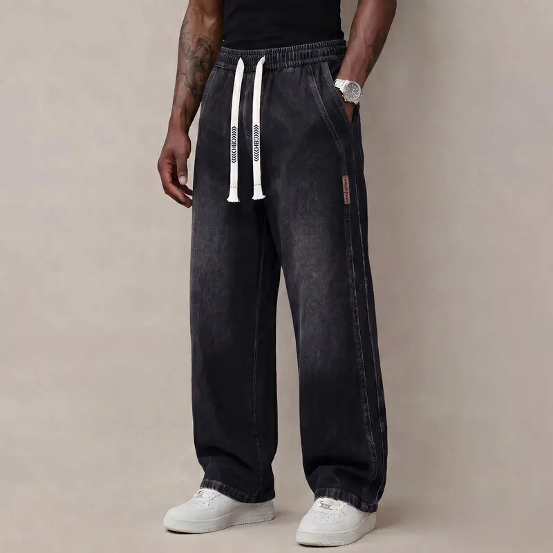 Men's Stretch Cotton Drawstring Jeans, Loose Fit Ankle