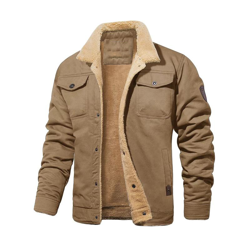 Men's Sherpa Lined Winter Trucker Jacket Cotton Fleece Casual Khaki