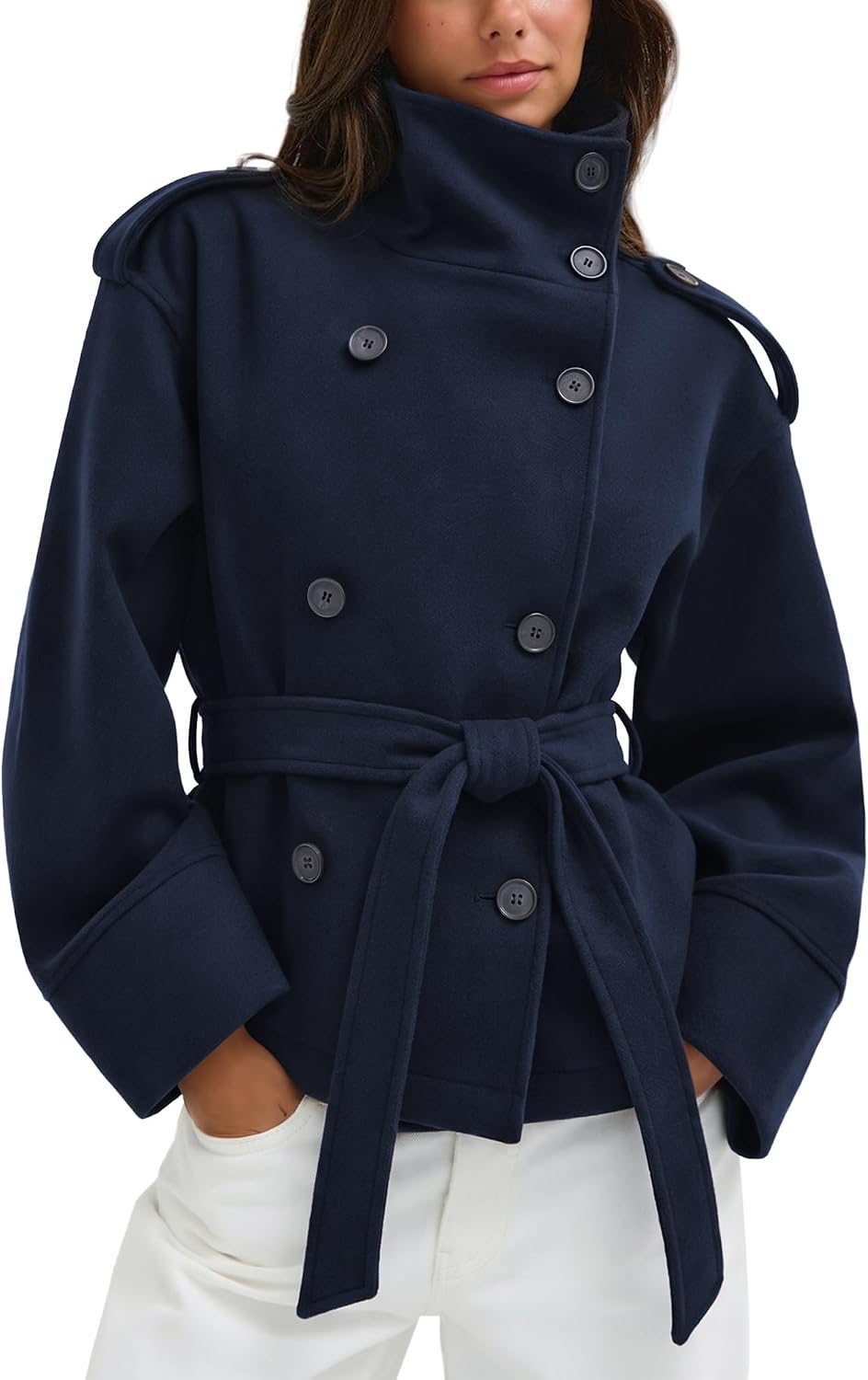Belted Cropped Pea Coats for Women Fall Winter Funnel Neck Jacket