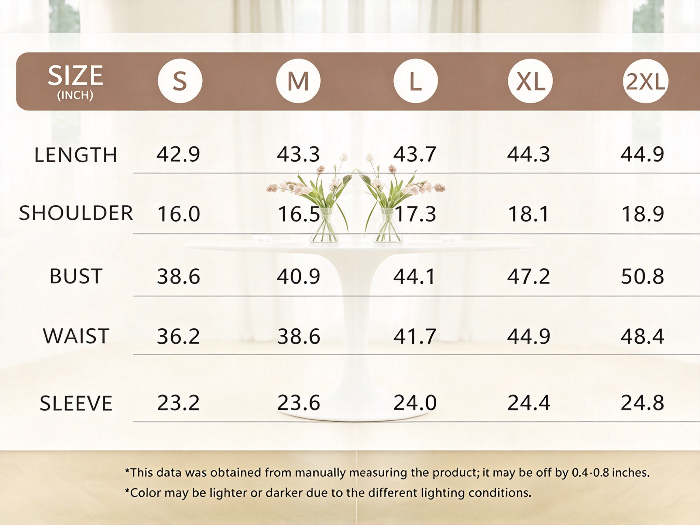 Size information chart for women's long wool coat showing measurements for each size option