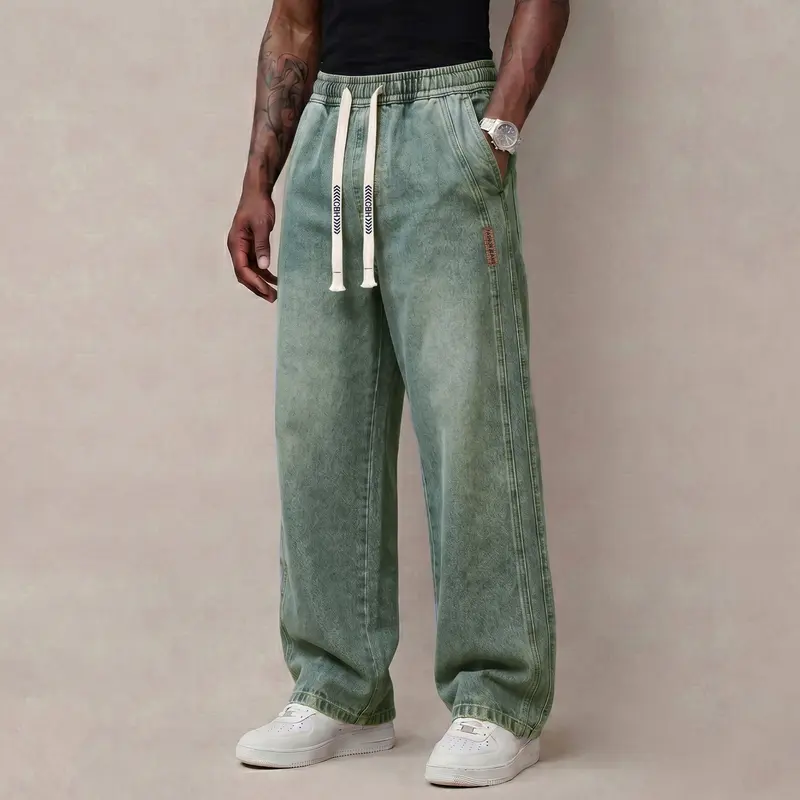 Men's Stretch Cotton Drawstring Jeans, Loose Fit Ankle