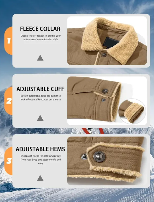 Men's Sherpa Lined Winter Trucker Jacket Cotton Fleece Casual Khaki
