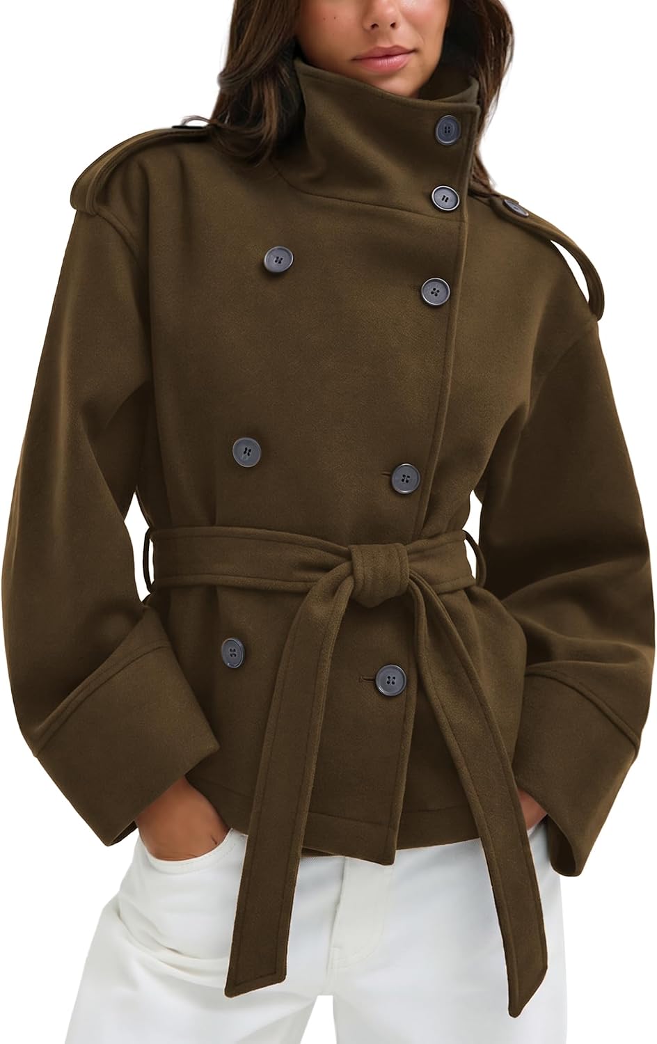 Belted Cropped Pea Coats for Women Fall Winter Funnel Neck Jacket