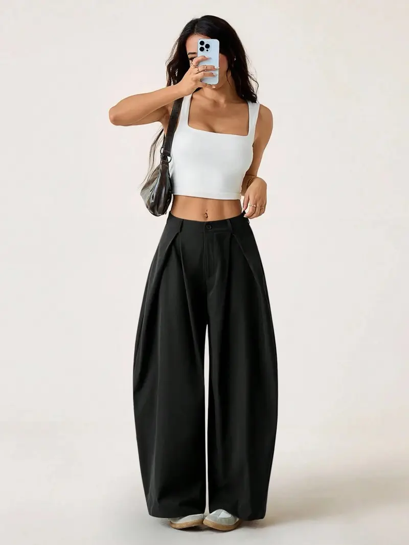 Women's Vintage Casual Street Style Loose Fit Baggy Pants, Elastic Waist Wide Leg Trousers, Retro Fashion Bottoms for Daily Wear