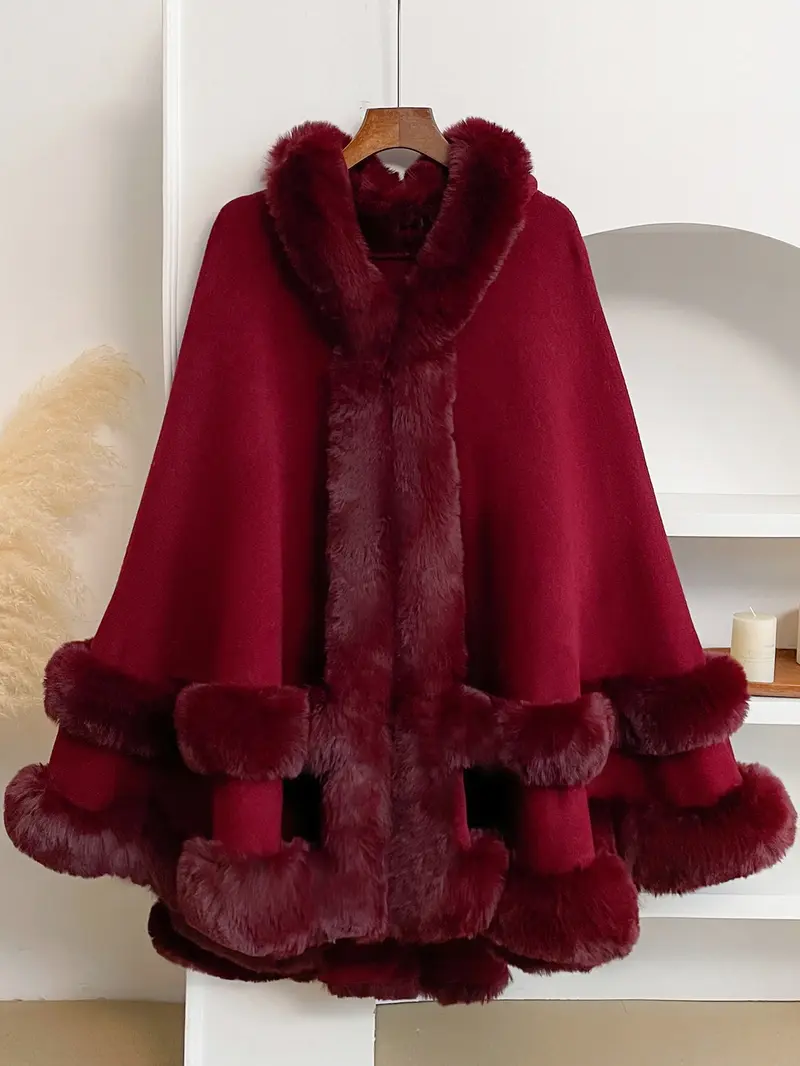Fall and winter essential faux fur hooded cape shawl keeping warm during cooler months indoors chilly evening wrap