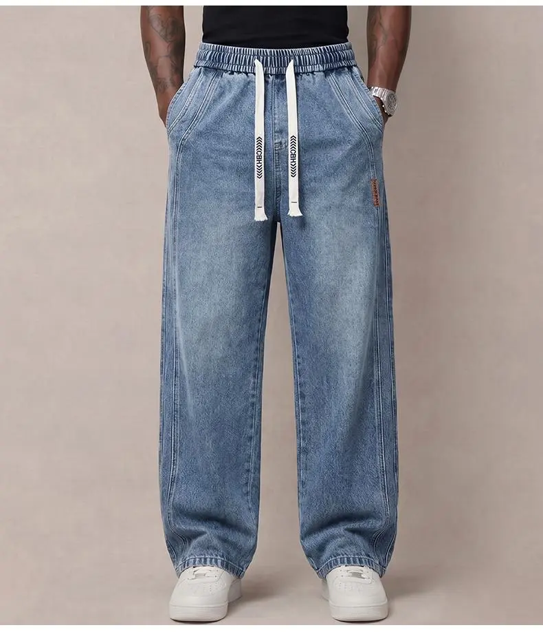 Men&rsquo;s autumn denim jeans &ndash; comfortable cotton fabric with slight stretch, trendy thick design, loose fit for everyday wear; long denim pants with drawstring elastic waistband, men&rsquo;s style.