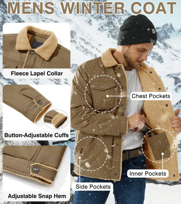 Men's Sherpa Lined Winter Trucker Jacket Cotton Fleece Casual Khaki
