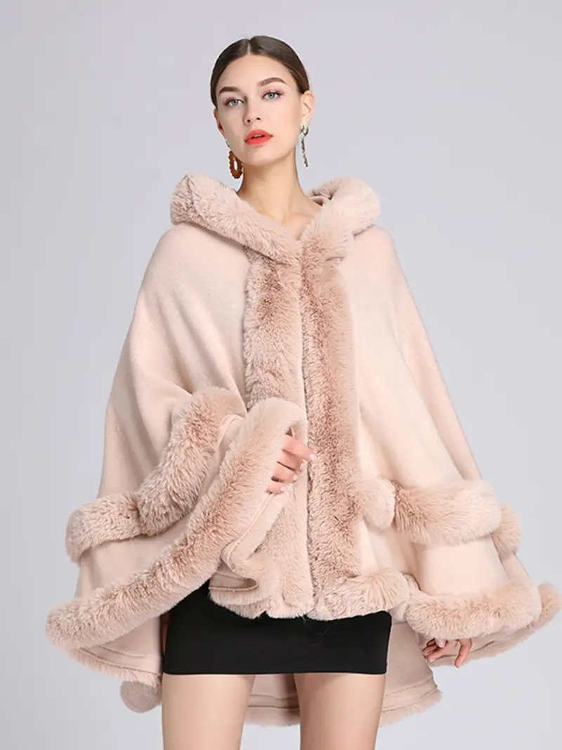 Versatile faux fur hooded cape shawl for daily wear at home parties office air-conditioned rooms travel