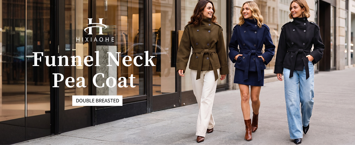Trendy belted coat women outerwear with funnel high neck stand collar double breasted button closure shoulder tabs and removable belt