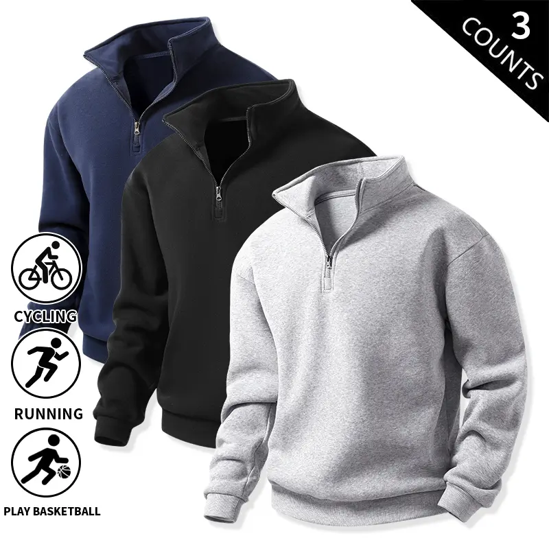 Men&rsquo;s 3-Pack Quarter-Zip Fleece Sweatshirts - Casual Soft Sweatshirt, Half-Zip Design, Soft Stand-Collar, Loose-Fit Athletic Long-Sleeve Pullover Tops for Men's Clothing