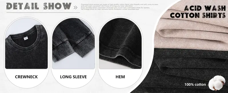 Arssm 3-Pack Unisex Long Sleeve T-Shirt &ndash; Vintage Acid Wash Baggy Cotton Tee for Streetwear, Casual Outfits & Layering