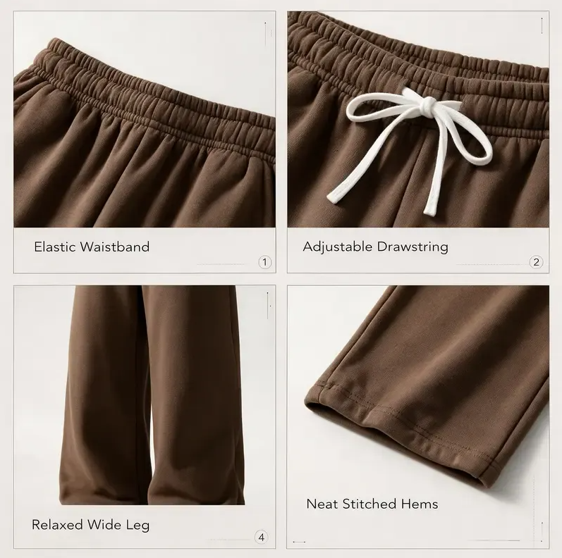 Premium sweatpant details showing elastic waist adjustable drawstring relaxed wide leg and neat hems