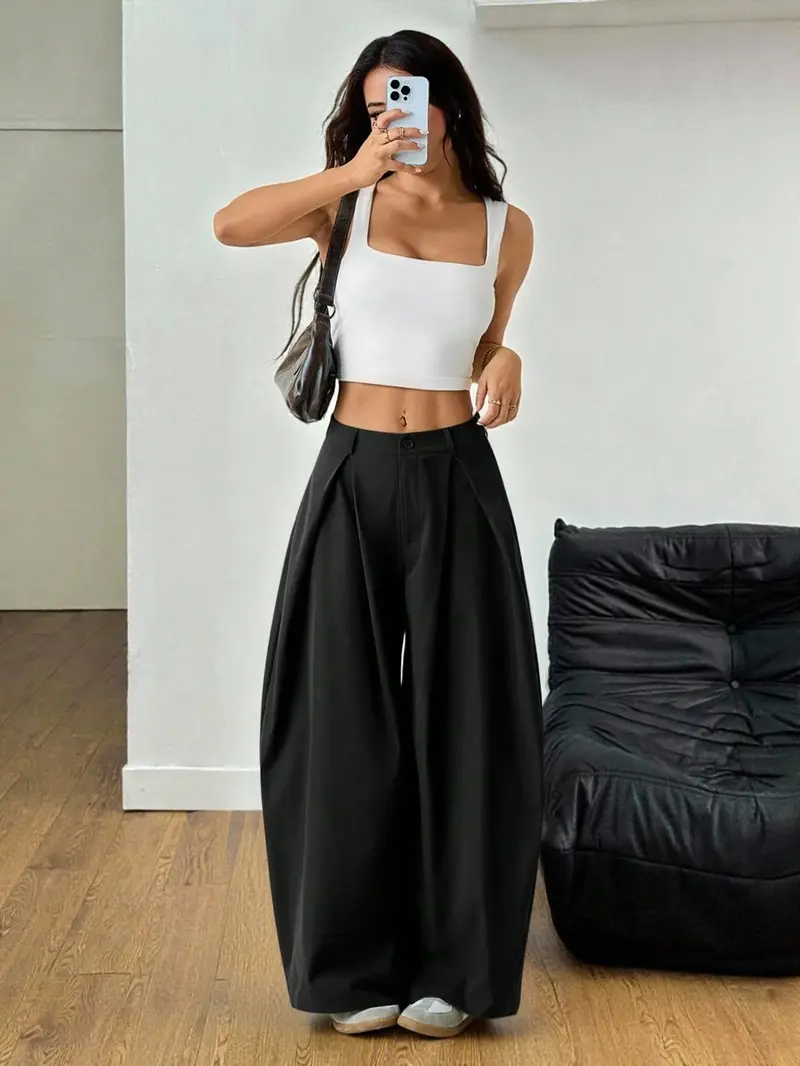 Women's Vintage Casual Street Style Loose Fit Baggy Pants, Elastic Waist Wide Leg Trousers, Retro Fashion Bottoms for Daily Wear
