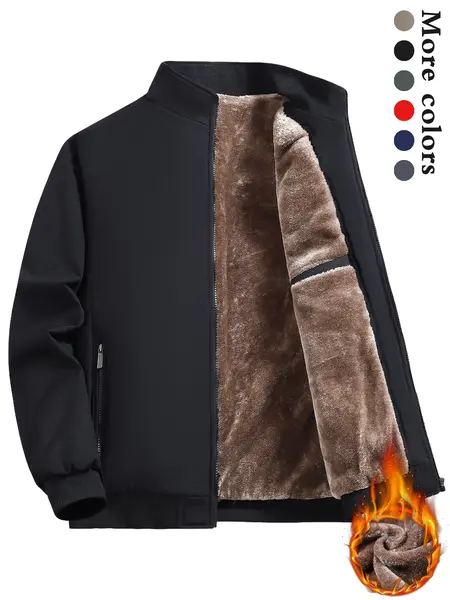 Men's Solid Color Plain Zip Up Thick Thermal Lined Fleece Jacket, Coats, Regular Fit Casual Long Sleeve Zip Front Short Outerwear for Fall & Winter, Men's Clothes for Daily Wear, Cold Weather Gear