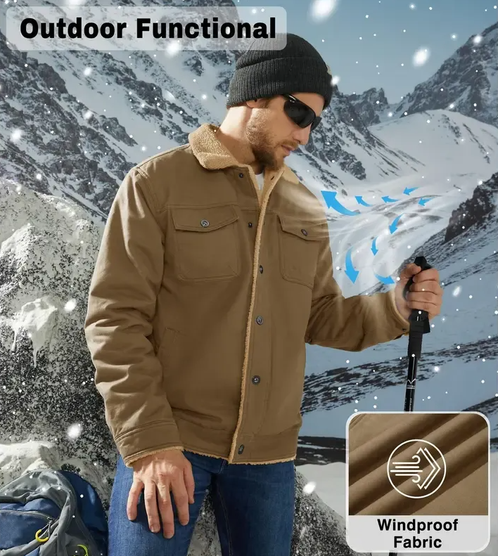 Men's sherpa lined jacket functional winter outerwear windproof fabric blocks cold wind hiking skiing outdoor adventures