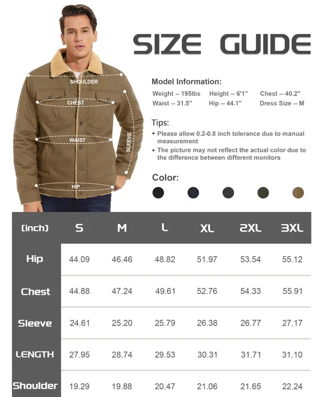 Complete size guide S-3XL sizes inch measurements manual measurement slight tolerance check before ordering