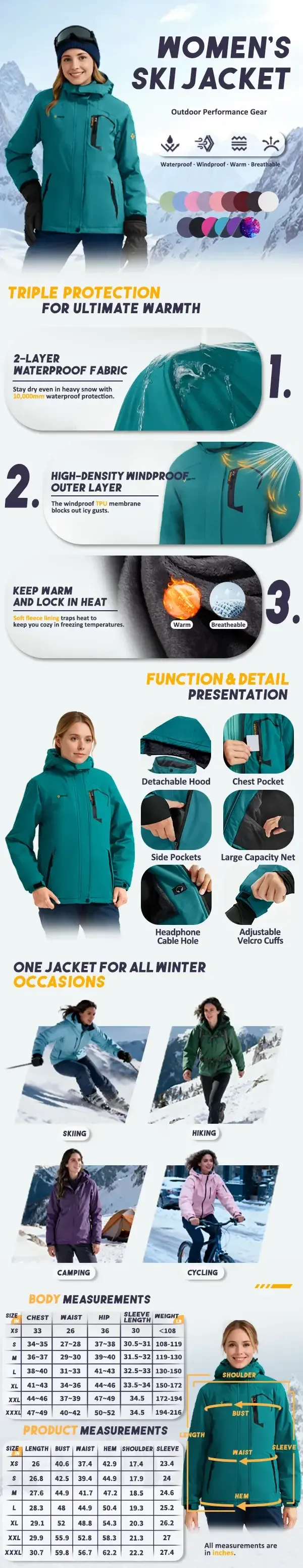 GEMYSE Women's Hooded Long Sleeve Polyester Mountain Ski Jacket - Waterproof, Windproof, Durable, Fitted Cut, Warm Fleece Core, Secure Closure, Dry Outdoor Style Universal Jackets for Women with 2+2+1 Pockets, Winter Parka for Biking, Outdoor Sports