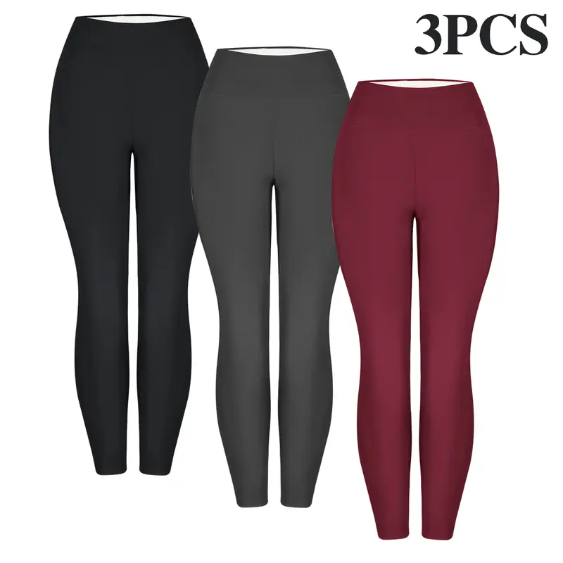 3PCS Winter Warm Fleece Lined Leggings High Waist Women Workout Wear for Yoga Riding Casual Wear in Red Black & Gray