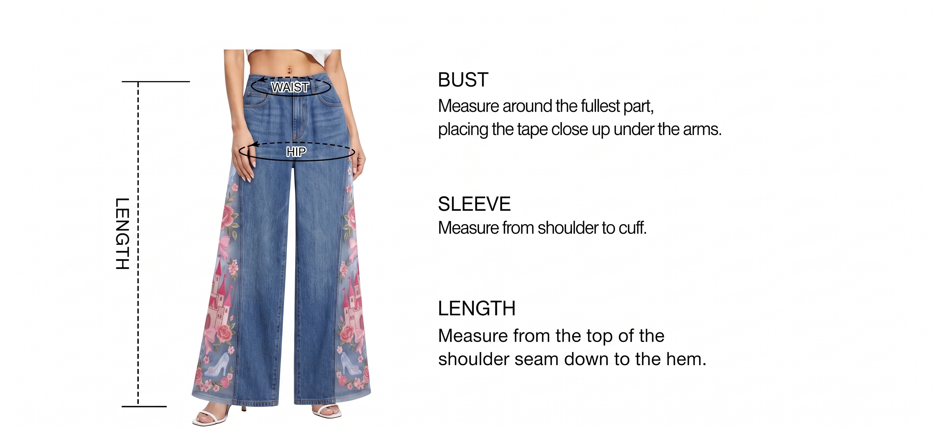 Measurement guide showing where the waist, hip and length are measured on the jeans