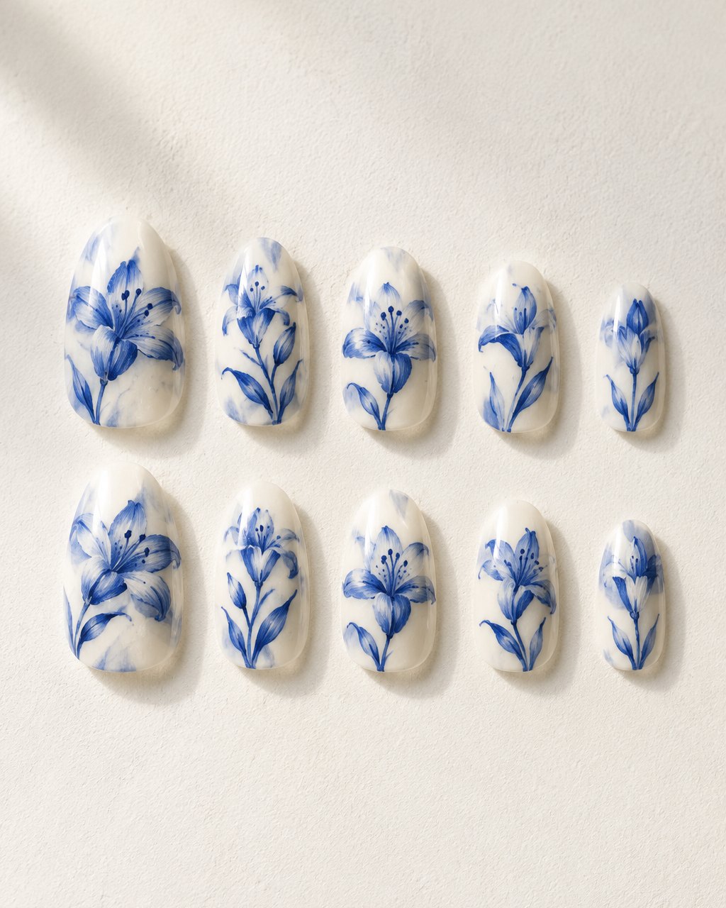 Blue & White Lily hand-painted press-on nail set
