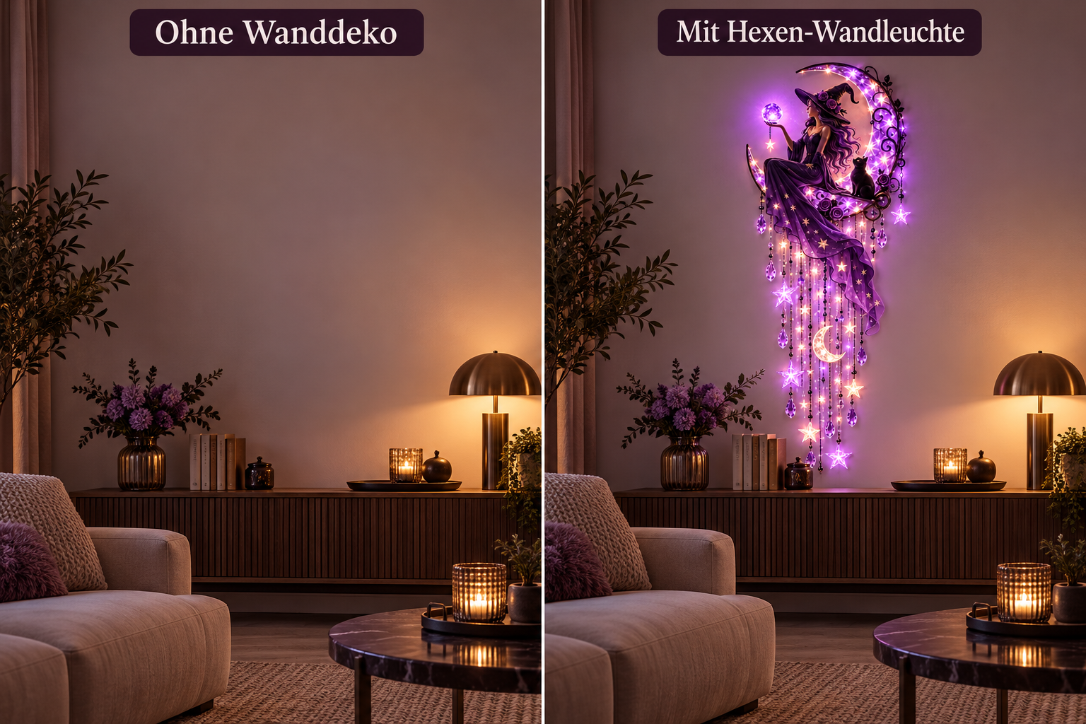 Derselbe Wohnbereich ohne Wanddekoration und mit der Hexen-Wandleuchte bei gleicher Perspektive