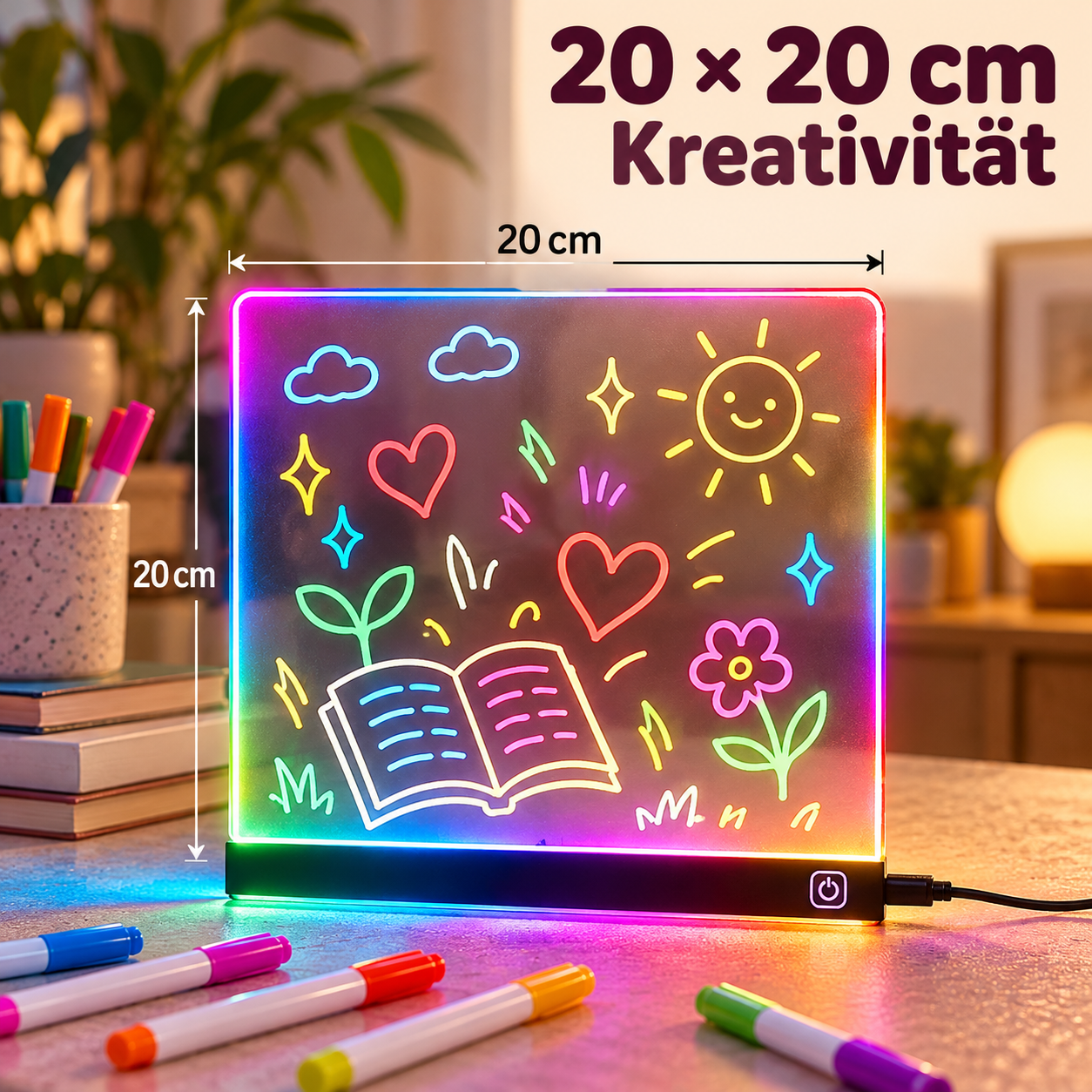 Acryltafel mit Maßangaben: 20 Zentimeter breit und 20 Zentimeter hoch