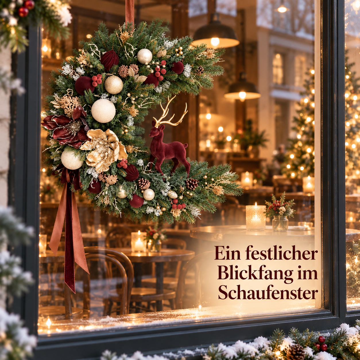 Einzelner Weihnachtskranz im geschützten Innenbereich eines Café-Schaufensters