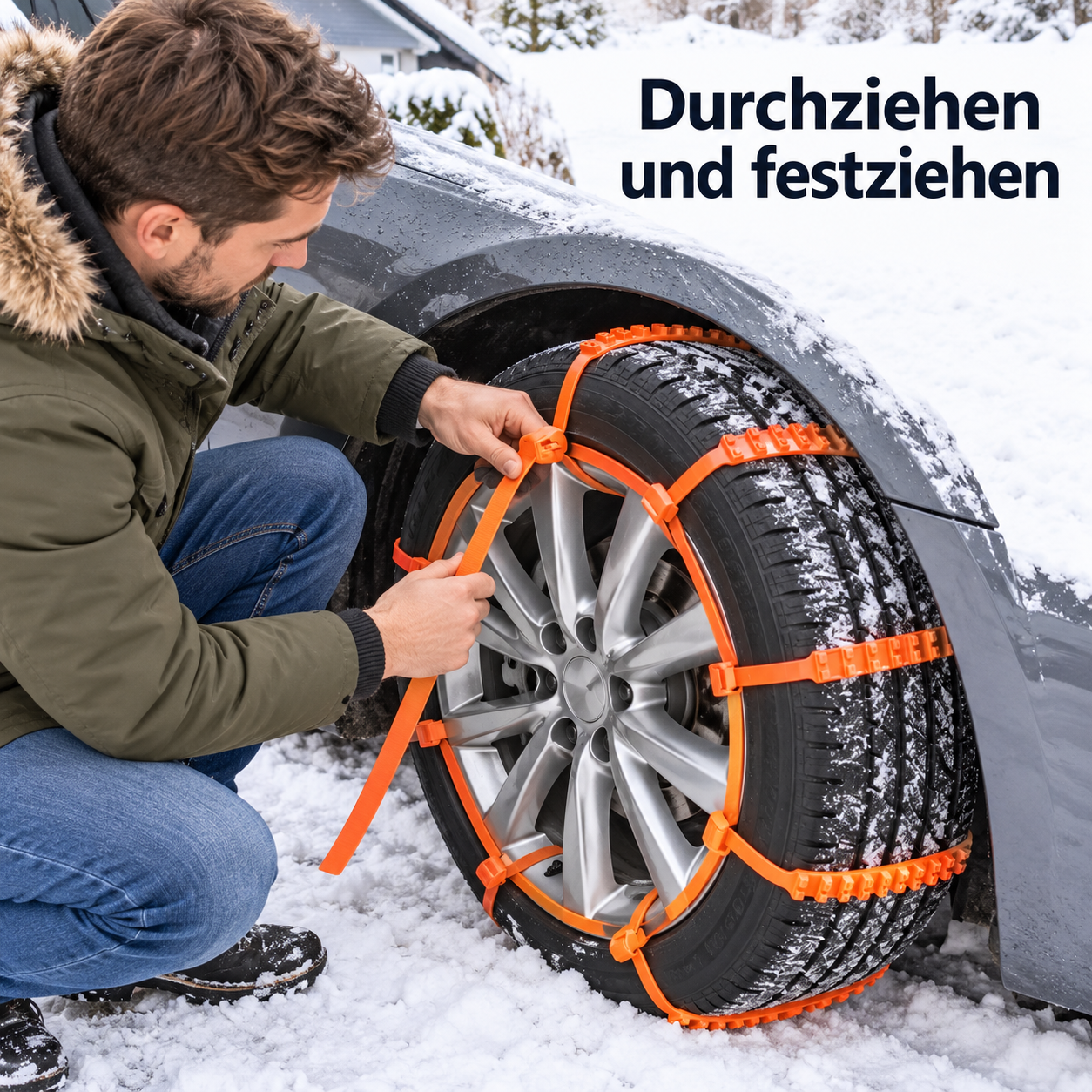 Montage eines orangefarbenen Reifenbandes am geparkten Auto