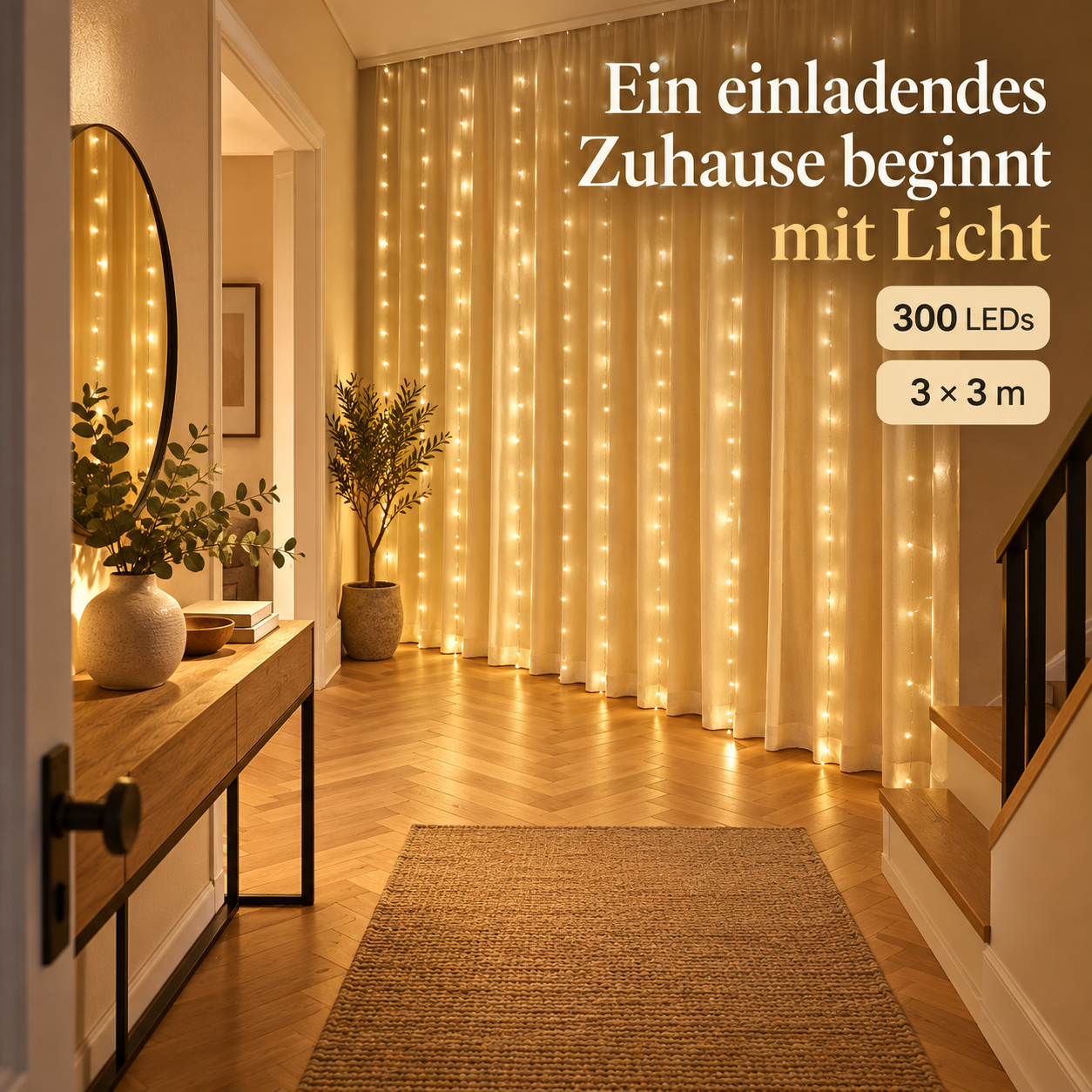 Warmweißer Lichtervorhang an einer Wand im europäischen Eingangsbereich