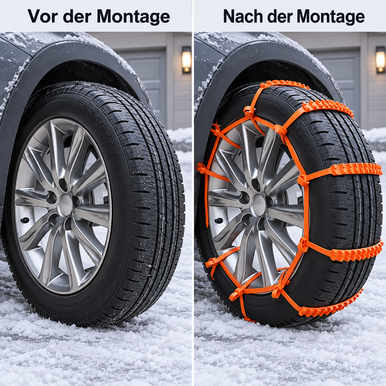 Derselbe Reifen vor und nach der Montage der orangefarbenen Antirutschbänder