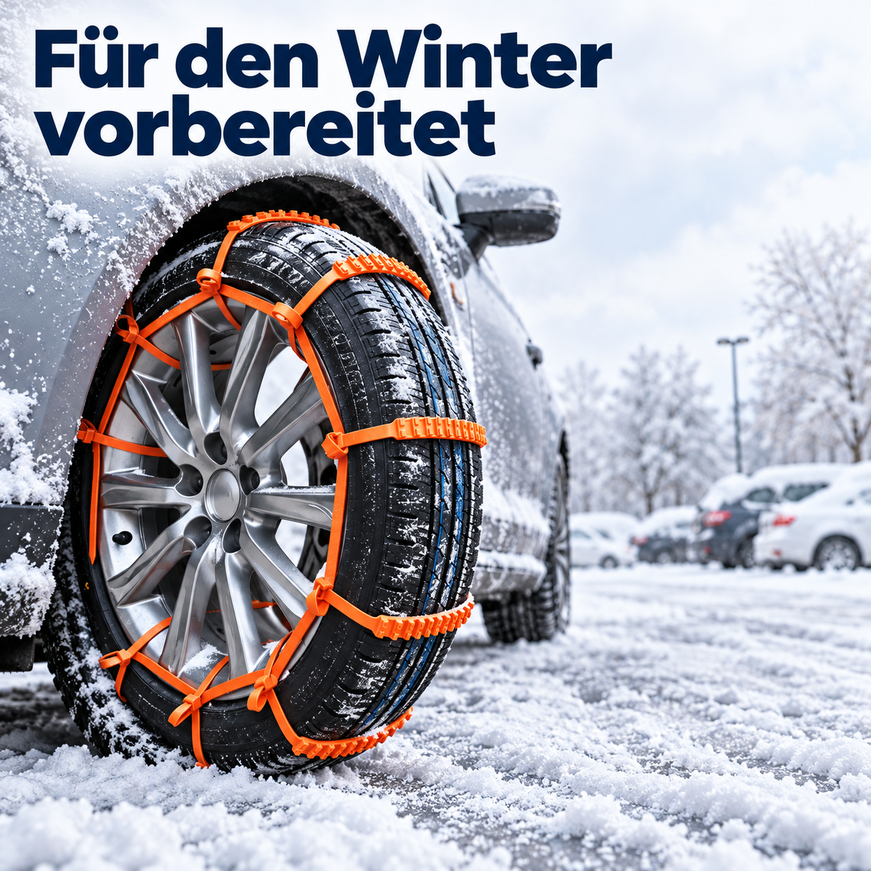 Reifen mit orangefarbenen Antirutschbändern auf einem verschneiten Parkplatz