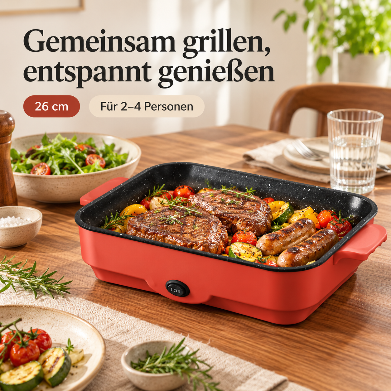 Roter Indoor-Grill mit Steak, Würstchen und Gemüse auf einem gedeckten Esstisch