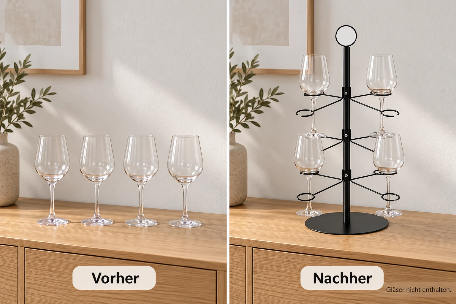 Vorher und nachher: Vier identische Weingläser auf demselben Sideboard, erst einzeln aufgestellt, dann im schwarzen Weinglasbaum.
