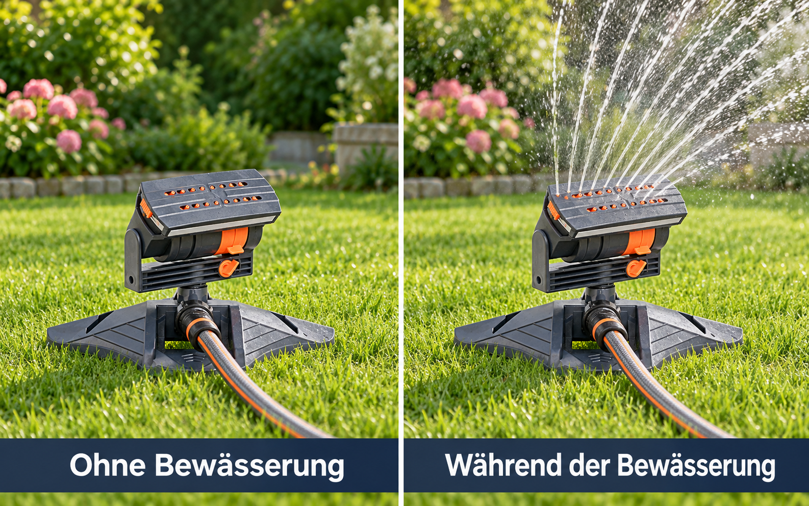 Identischer Garten und Rasensprenger: links ohne Wasserstrahl, rechts während der Bewässerung
