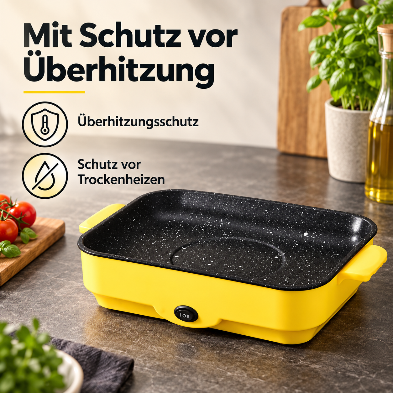 Gelber Indoor-Grill mit Symbolen für Überhitzungsschutz und Schutz vor Trockenheizen