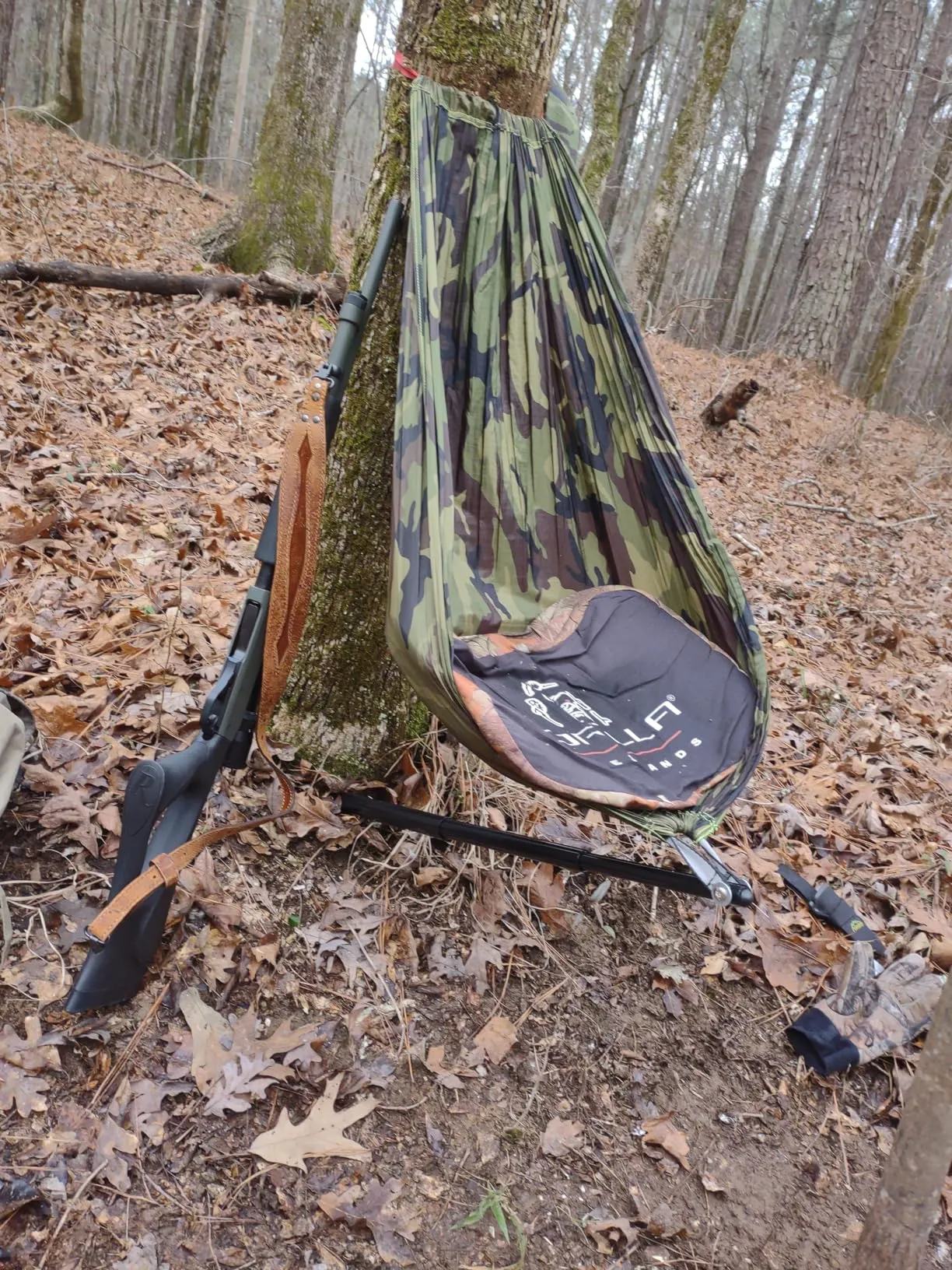 Tree-mounted hunting seat photographed outdoors