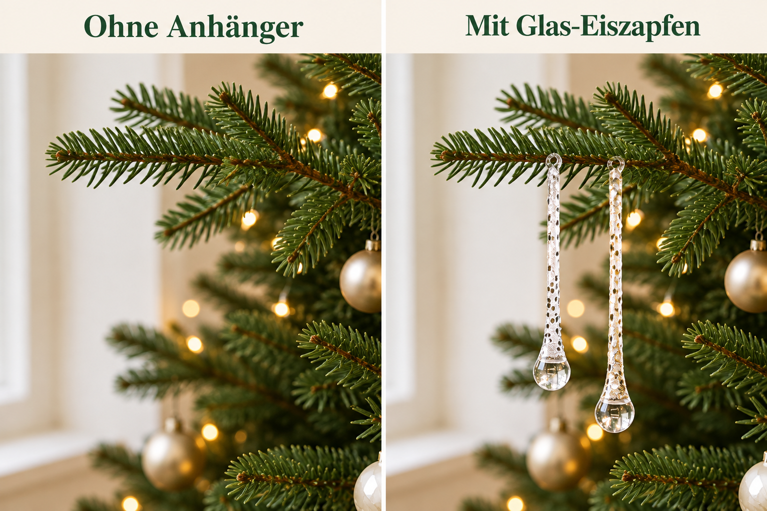 Gleicher Tannenzweig ohne Anhänger und mit zwei Glas-Eiszapfen bei gleicher Beleuchtung