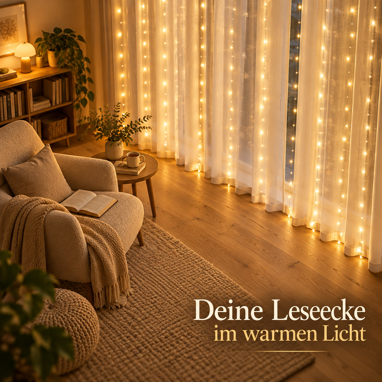 Gemütliche Leseecke am Fenster mit warmweißem Lichtervorhang