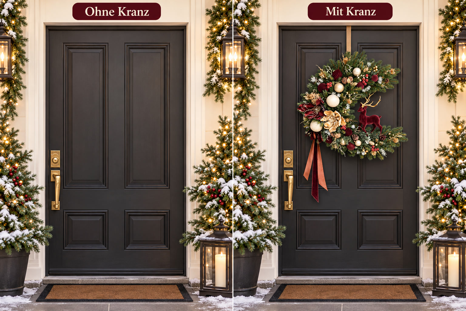 Gleiche Eingangstür ohne Kranz und mit dem halbmondförmigen Weihnachtskranz