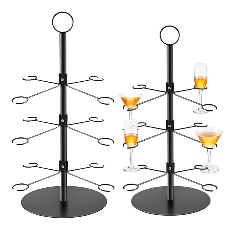 Ansicht des schwarzen Glasständers ohne Gläser und mit eingesetzten Stielgläsern; zwei Darstellungen, Lieferumfang je Variante ein Ständer.