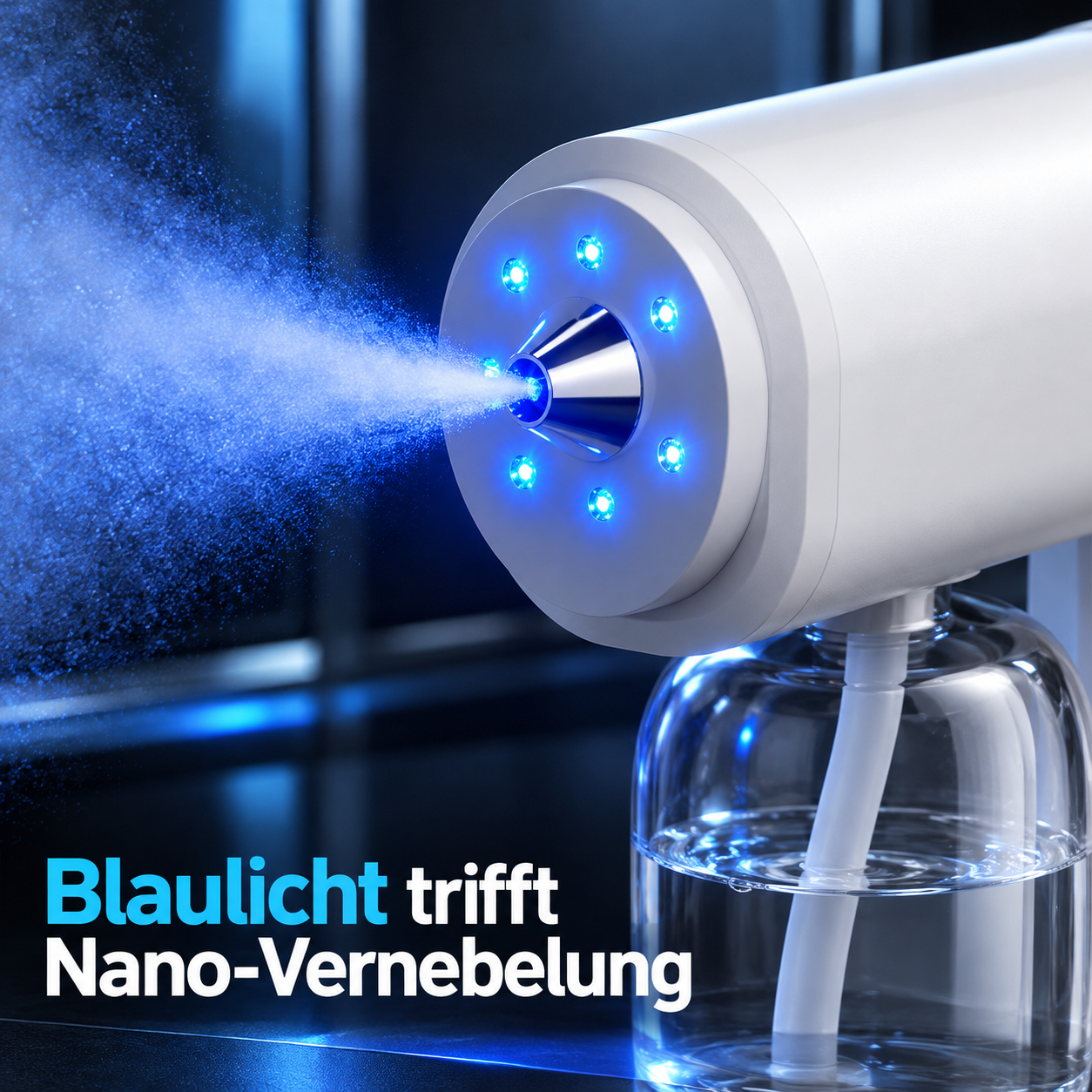 Nahaufnahme von Sprühdüse, Blaulicht und Behälteranschluss