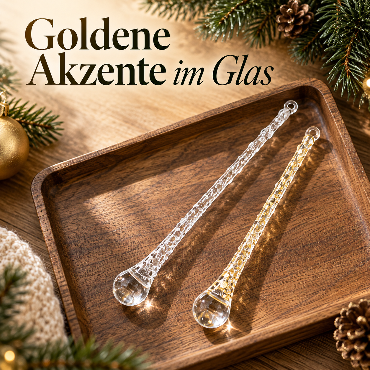 Zwei lange Glas-Eiszapfen mit goldfarbenen Akzenten auf einer Holzablage