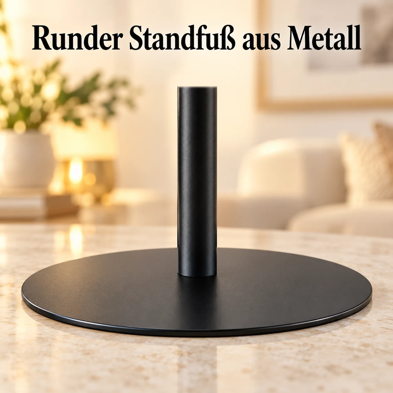 Nahaufnahme des runden Metallstandfußes auf einer ebenen Arbeitsfläche.