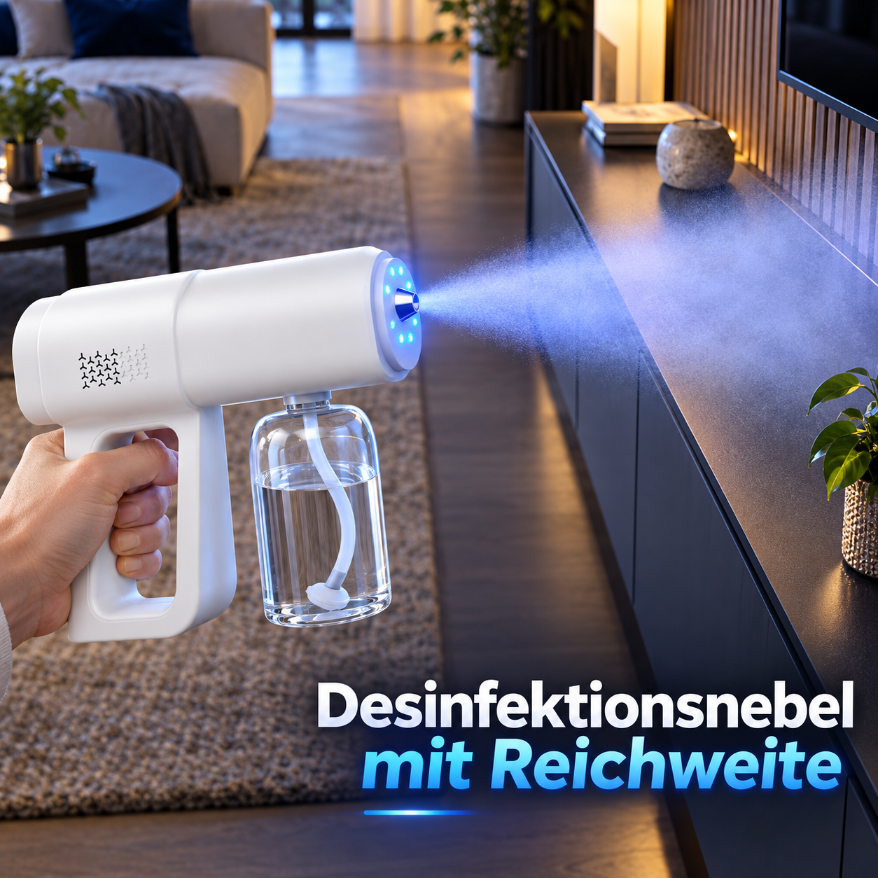Handgeführtes Sprühgerät über einer langen freien Ablage