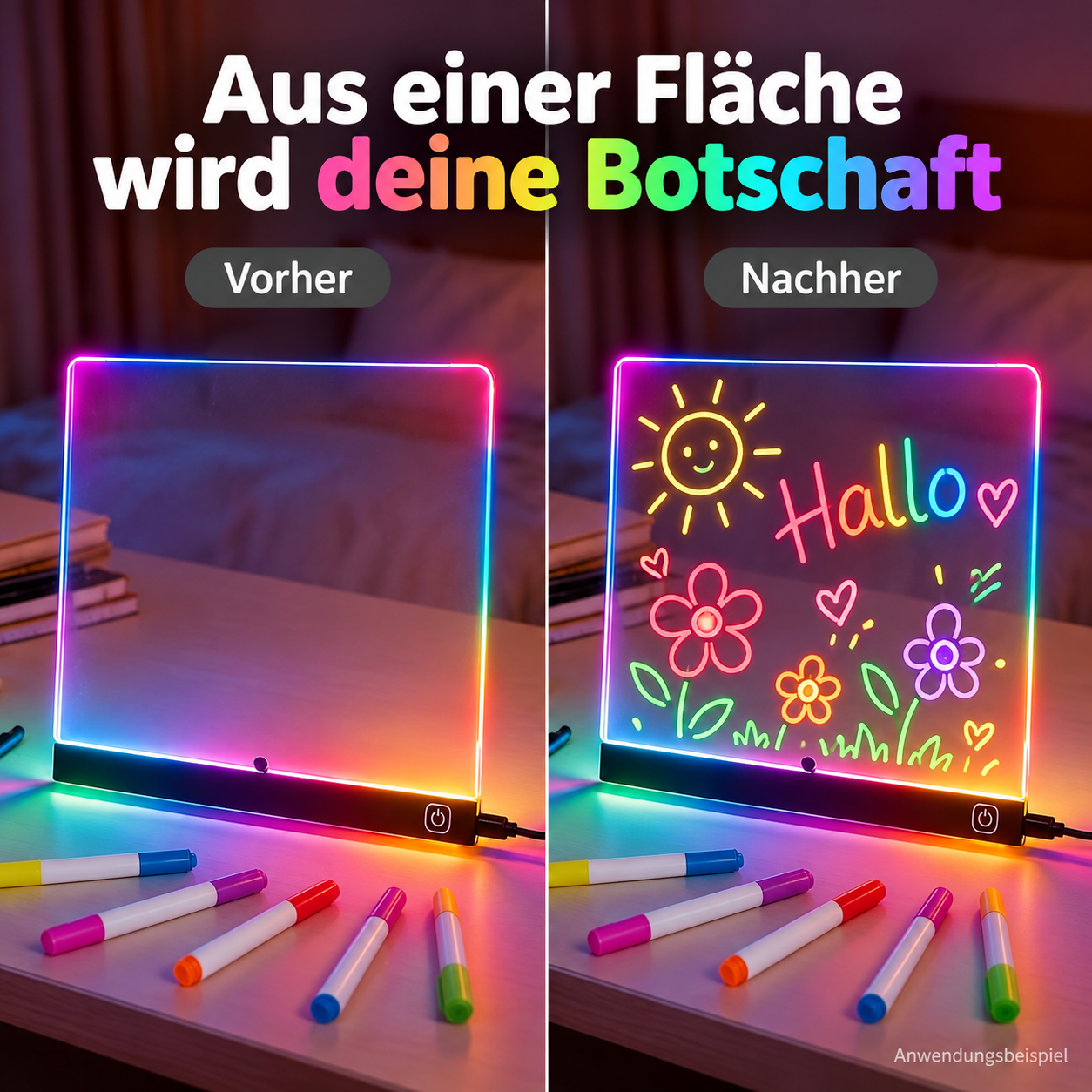 Anwendungsbeispiel: dieselbe Acryltafel vor und nach dem Zeichnen